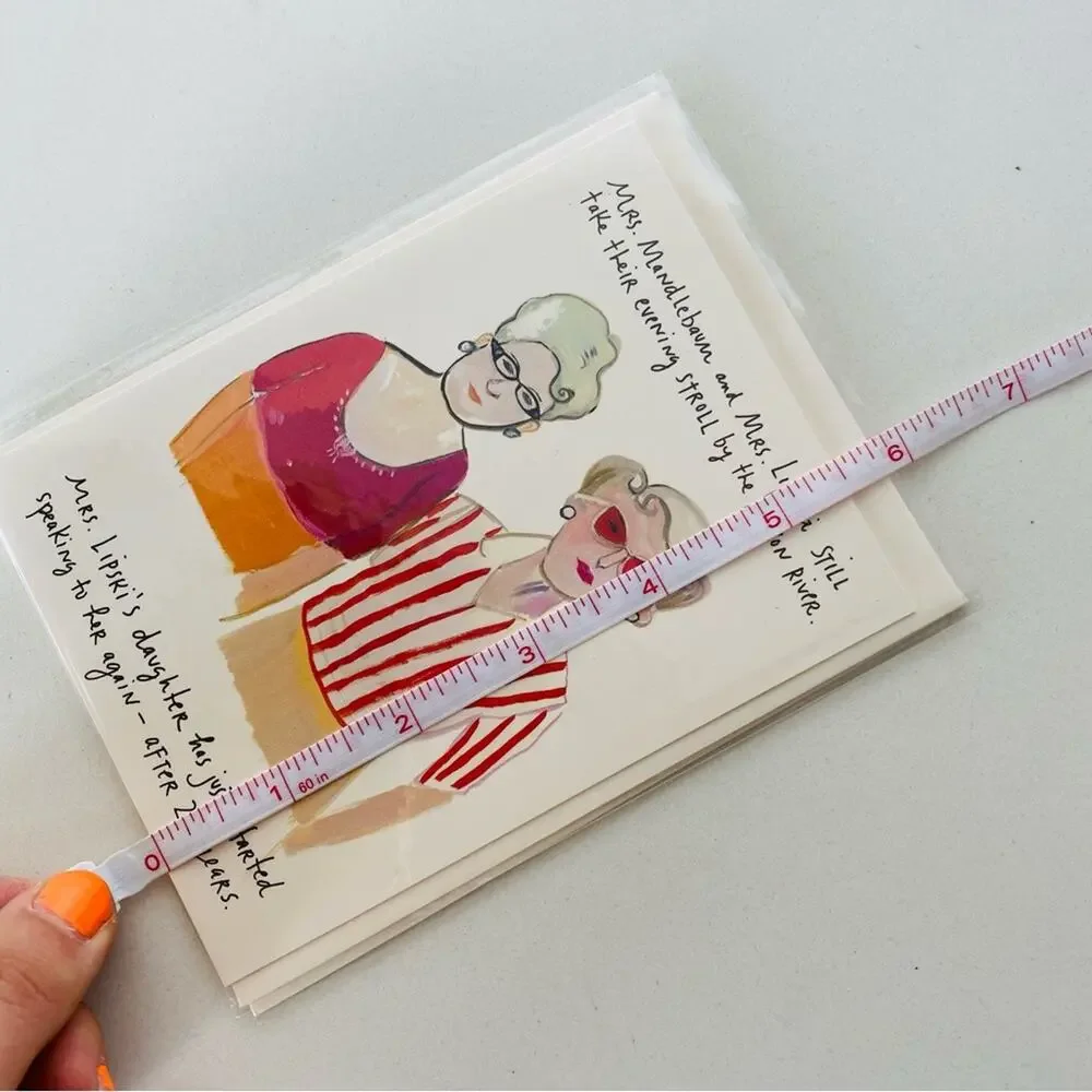 NEW ANTHROPOLOGIE Illustrated Cartoon Comedy Tan Red Pink Greeting Card s/2